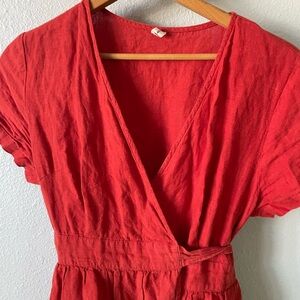 Elegant 100% linen Red Wrap Dress